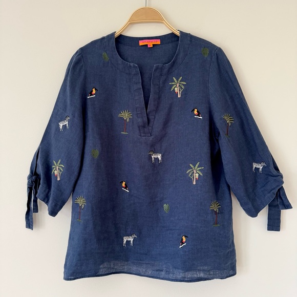 Vilagallo Tops - Vilagallo Navy Linen Embroidered Tropical Blouse with Toucan & Palm Motifs Sz 12